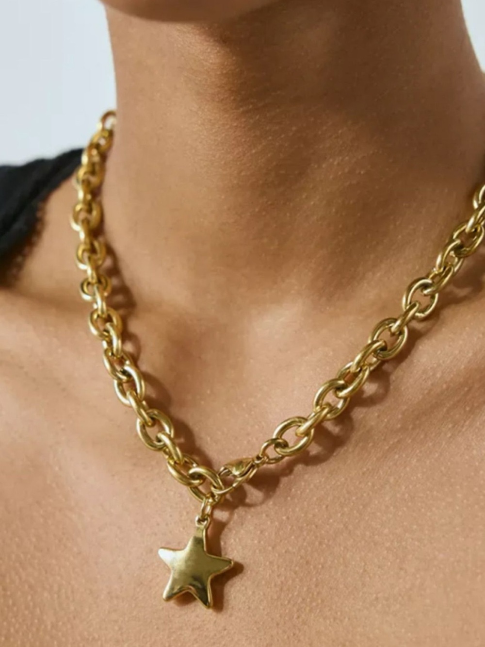 18K Gold Star Pendant Necklace Chunky Link Chain Celestial Plated Stainless